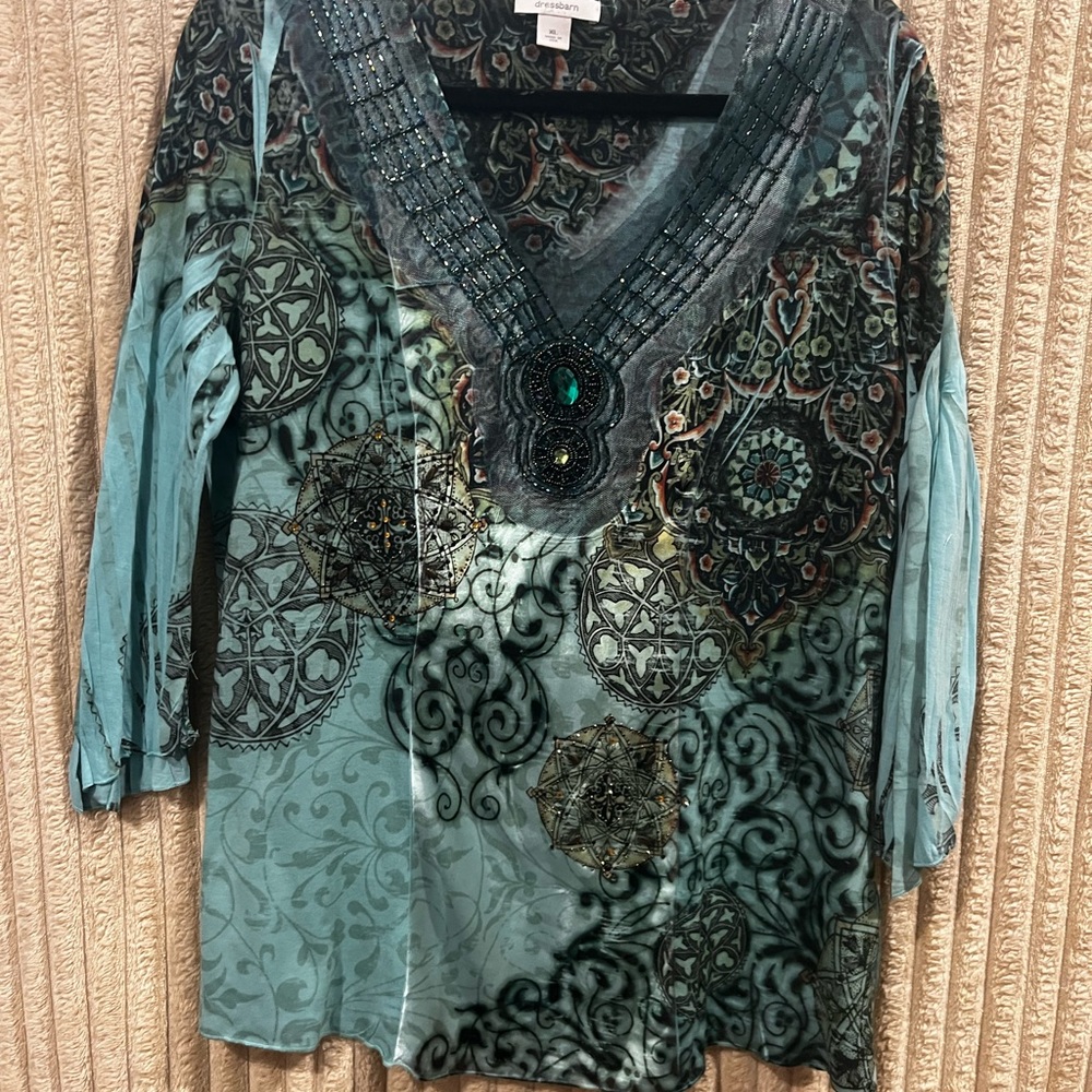 Beautiful Teal and Black Patterned Blouse with Beaded Detail and Rhinestones.